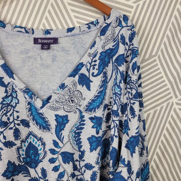 Roamans Waffle Knit Top Plus 4X Shirt Pullover layering casual Grey Blue Paisley - Picture 3 of 7